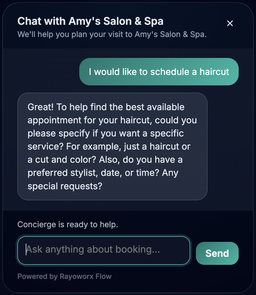 AI text and voice booking interface honoring service policies