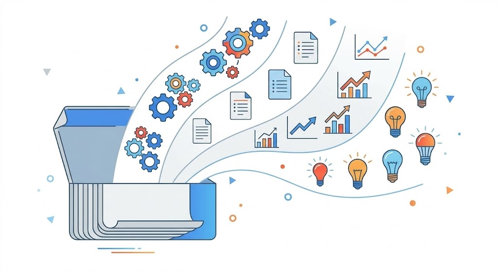 Illustration of a toolbox opening with AI skill icons like gears, documents, charts, and lightbulbs flowing out