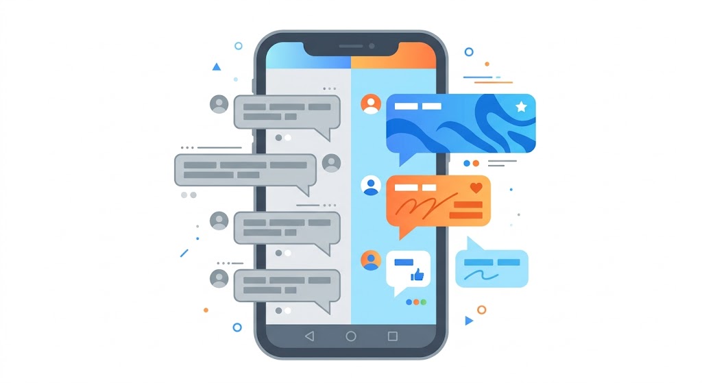 Illustration showing generic gray social media posts transforming into colorful, engaging platform-native content
