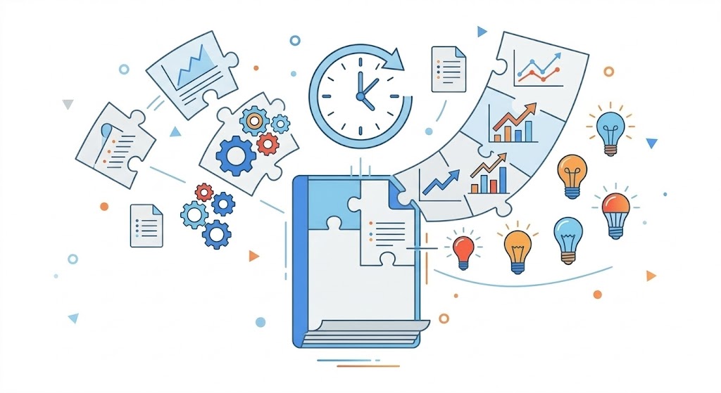 Illustration of document sections assembling automatically like puzzle pieces with a clock suggesting speed
