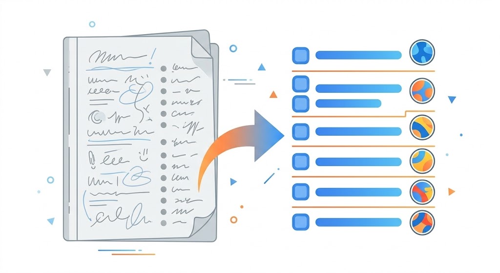 Illustration showing messy meeting notes transforming into an organized checklist with assigned tasks