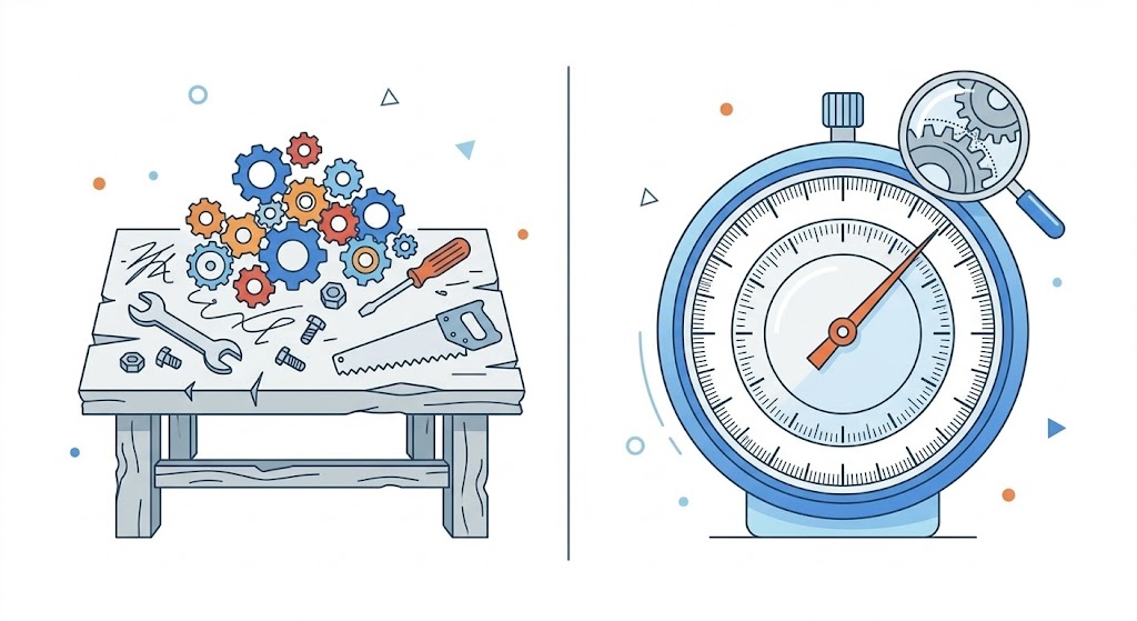 Illustration comparing a messy DIY workbench with scattered tools against a precision calibrated gauge